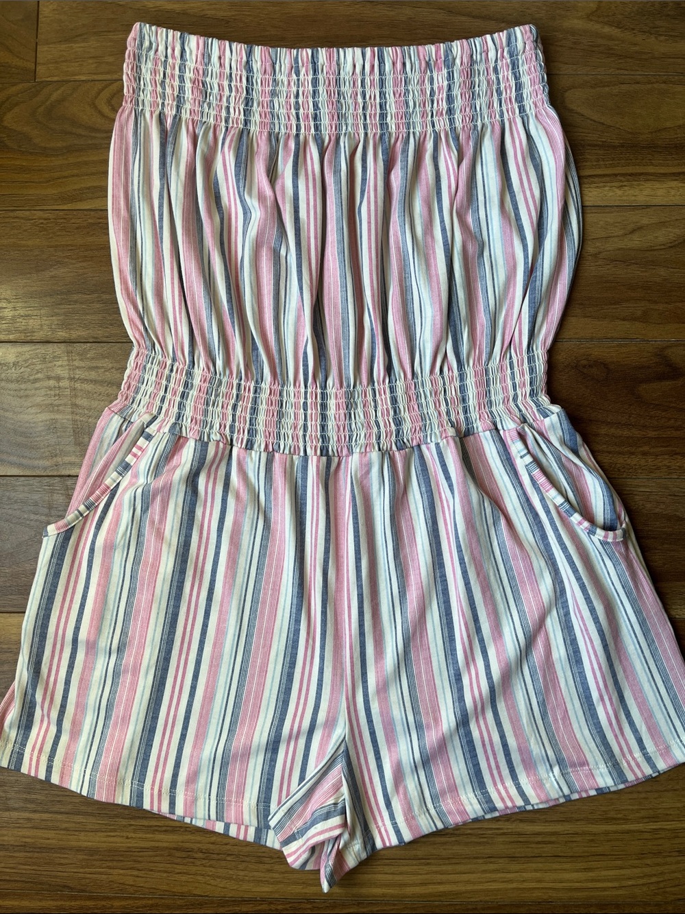 Women Striped Pink & Blue Smocked Romper Off-Shoulder Summer with Pockets medium